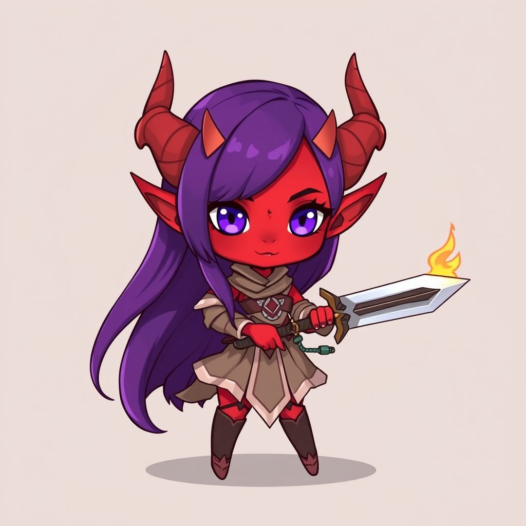 Bruja tiefling nivel 3 y druida 2 su color de piel es carmesi y tiene seis ojos como araña de xolor morado tiene su pelo lizo y morado mide 1.47cm y pesa 77kg . Lleva consigo una Scimitar y tiene poderes de fuego . Tiwne dos pares de cuernos , los primeros son de demonio y los otros dos son de ciervo , tiene patas de cordero en ves de las de humano