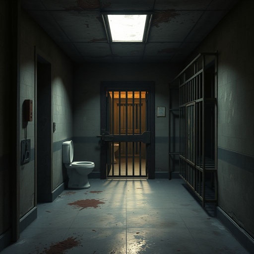 Create this background hall inside was dim, paint peeling in sheets. A metal door led to the cell block.  Six cells, all empty. A cracked toilet in each. Rusty bunks, stale air, dust everywhere. No character just background 
