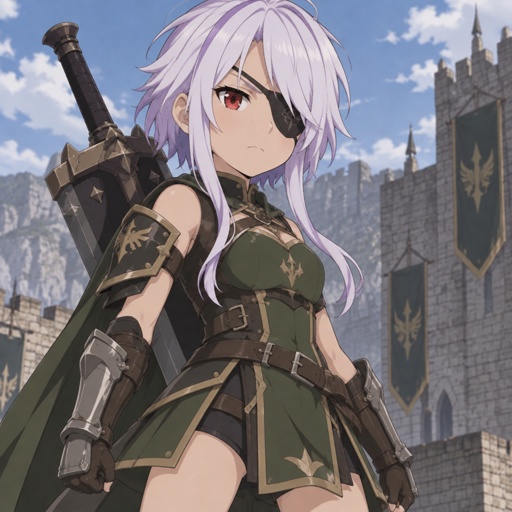 a woman with white hair and a sword in front of a castle