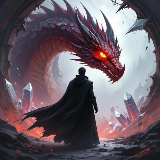 A man in a black cloak hiding his appearance in a veil of darkness behind the veil of his cloak is a single open blood red dragon eye were his left eye would be in the background is a creeping darkness with a shattered crystal resembling a soul