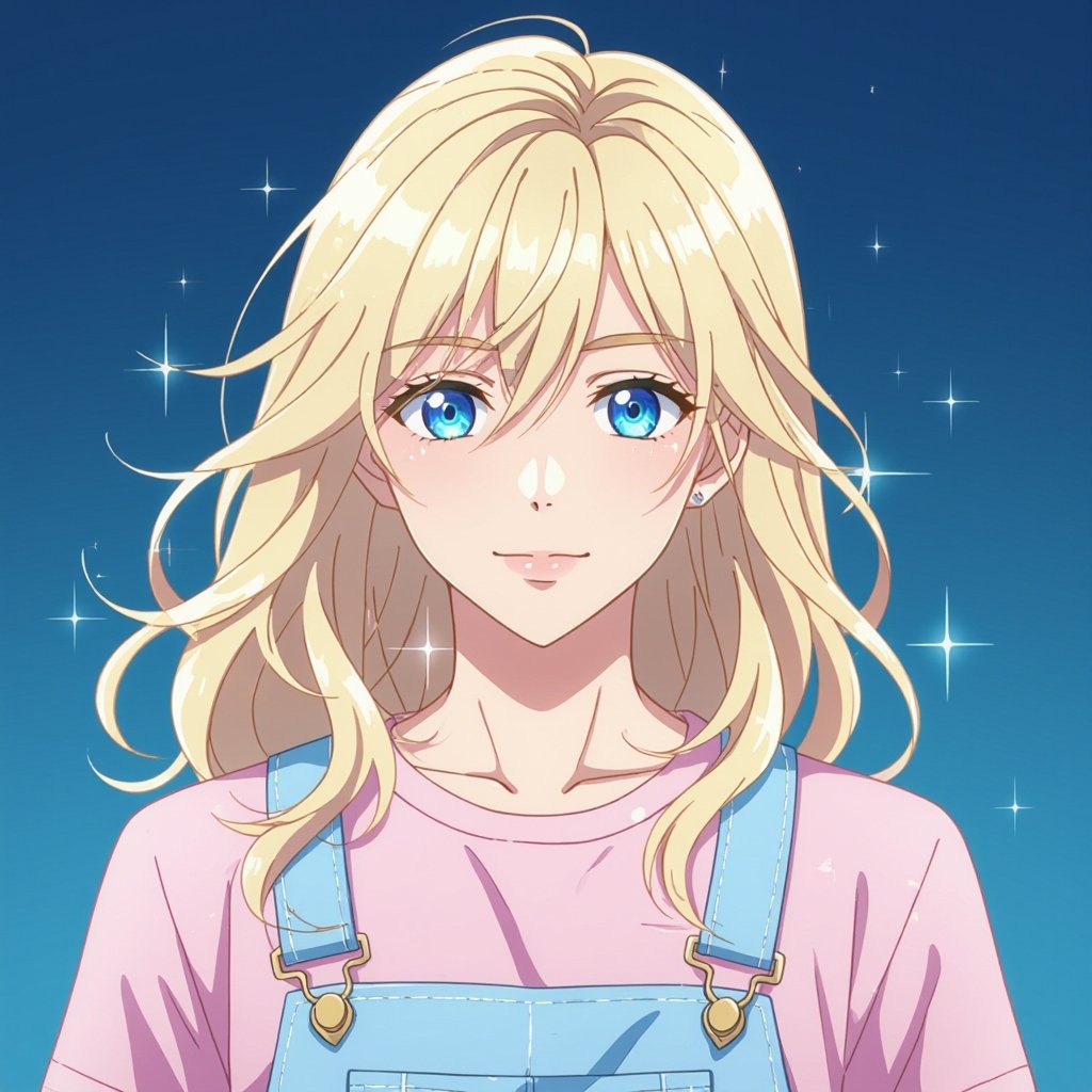 18-year old male, no beard with blue eyes and blonde hair. Wearing a light pink shirt with overalls. Japanese 