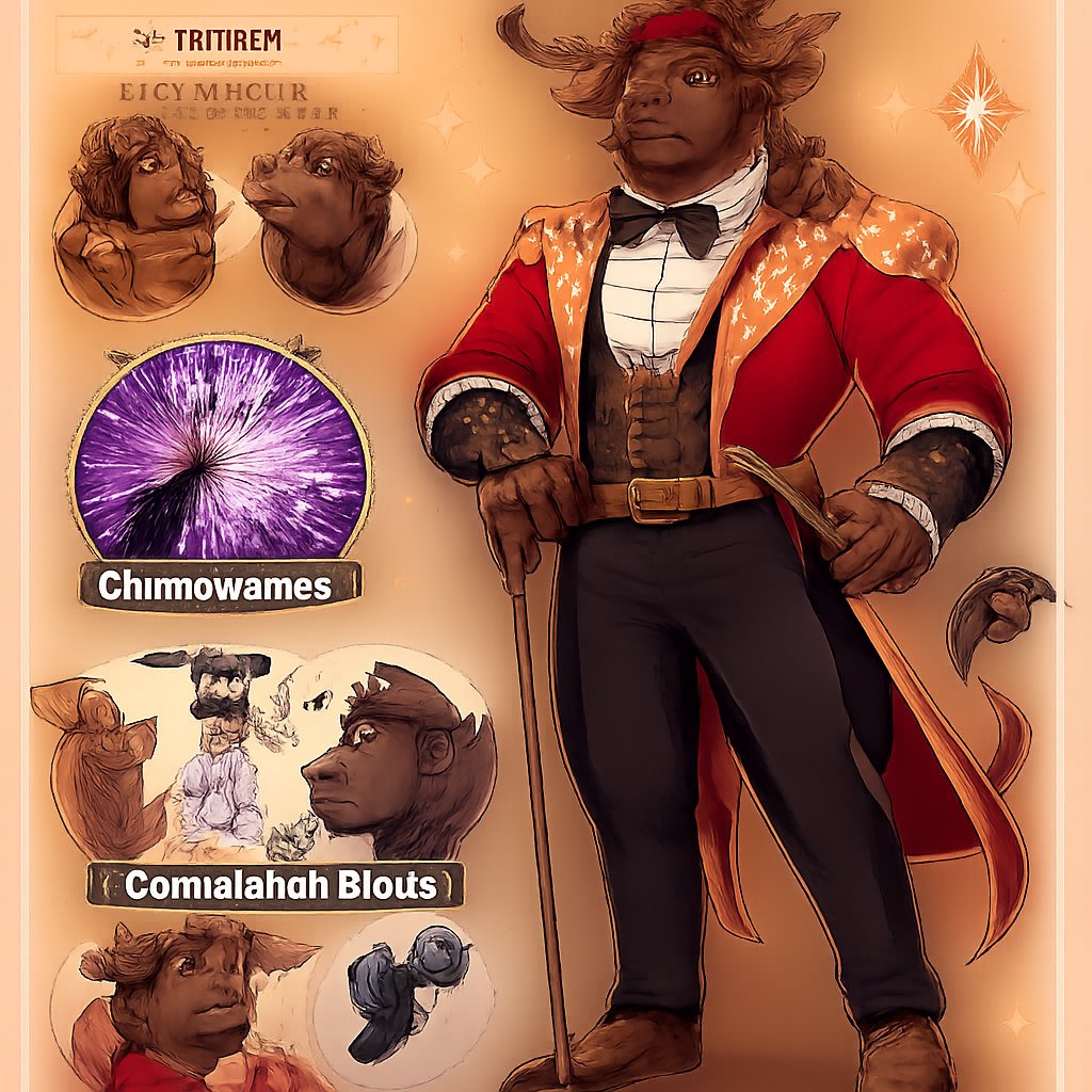 A male medium brown Minotaur with brown eyes that has a well~proportioned figure that works at freak show as the ringmaster. That has abilities of Reality Rejection, Time Manipulation (Chronokineses), Zoolingualism (Language of Cattle only), Human Speech. He’s basically a hybrid with his mother being a human with half-animal (Cretan Cattle) physiology and his father a Cretan Bull.