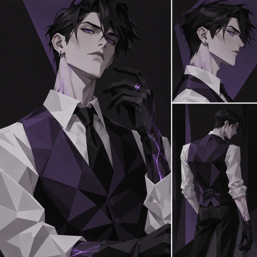 Male, slim, black messy hair, back hair, brushed side hair, strands of hair in the middle of forehead, ear piercing ring, gloves, purple glowing veins, purple vest, white shirt, no facial hair, bad guy,