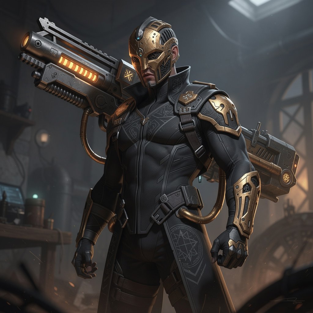 A warlock artificer wearing an innate black suit and an intricate bronze mask that covers his entire face except for his mouth on his back is a railgun