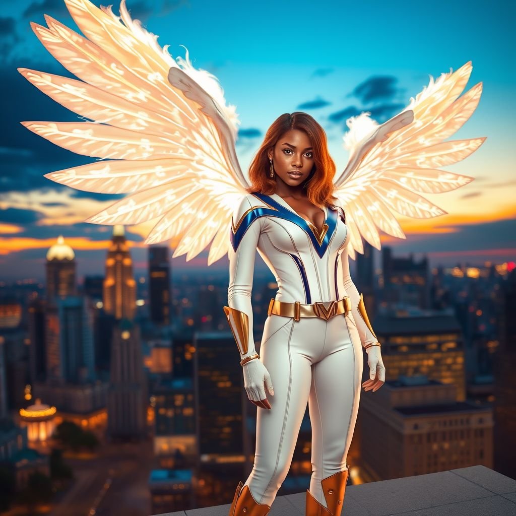 A teenage African American female superhero with brown hair with gold highlights in a shoulder length side part hairstyle with pure Gold Glowing eyes wearing a white suit with gold and royal blue with white pants and gold and white knee length boots with a utility belt with a gold V as her chest emblem with glowing wings made of white fire in Philadelphia