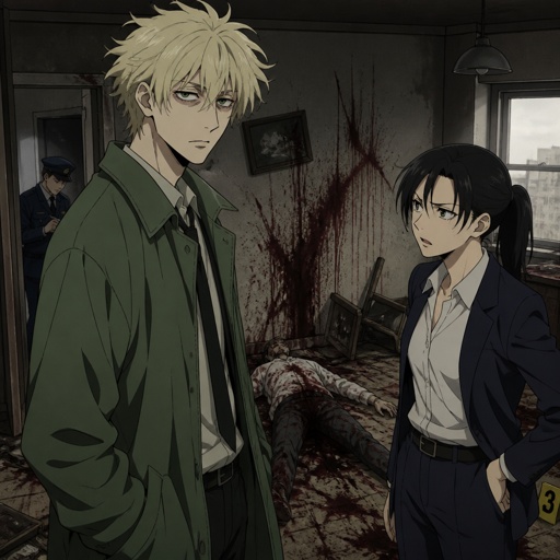 Anime style Male great detective takes his job real seriously and is really good at it in his mid 20s with medium really crazy messy light blonde hair, tall thin, tied, clean shaven, strange green eyes wearing a baggy loose mossy green jacket tired face,partner looking annoyed but also concerned for him, trying to take this case seriously, talking about crime scene what could have happened, very gruesome,person unknown, detective will do whatever he can, his parent and him get into arguments usually his partner will say "you really need some rest you can barely stand and your speaking trails off, how do you expect to finish this case with the little sleep and food you eat" detective will reply" all I need is some coffee, I can survive and I don't plan on resting till I get to the bottom of this, worrying never helps with anything"as he yawns and starts nodding off