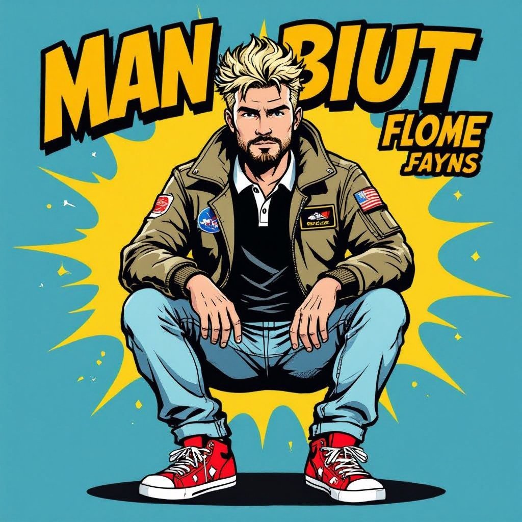 man with Dirty Blonde Unkempt Hair and Goatee.  Astronaut Flight Jacket Black And White Polo and Light blue denim jeans with red sneakers