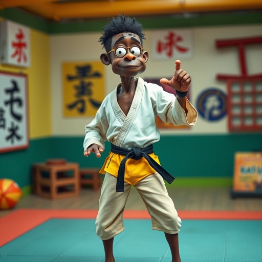 Create a character who looks like a funny African karate guy who doesn’t have a clue what he is doing. Make him have weird toes, only speedos on and a black karate belt. Make him tall skinny and slinky.