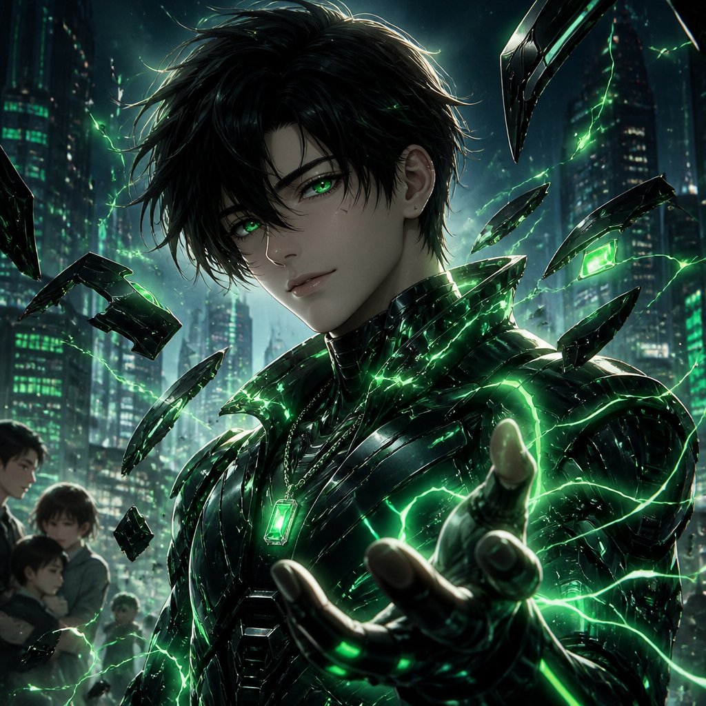 a man in a futuristic suit with green eyes