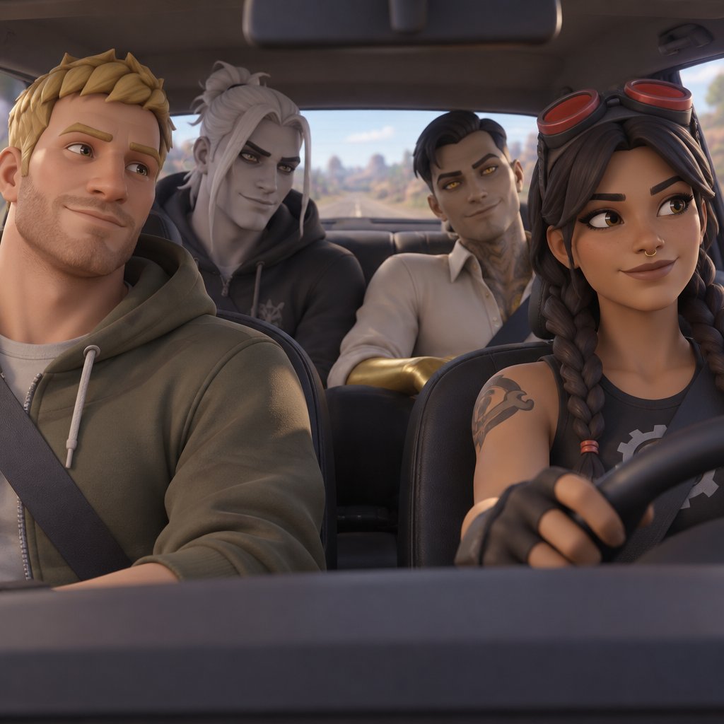 Jones from Fortnite stubble , Kado Thorne from Fortnite pale skin white hair shoulder length back hair bun, Midas from Fortnite, Jules from Fortnite, all driving in a car, all wearing casual clothes