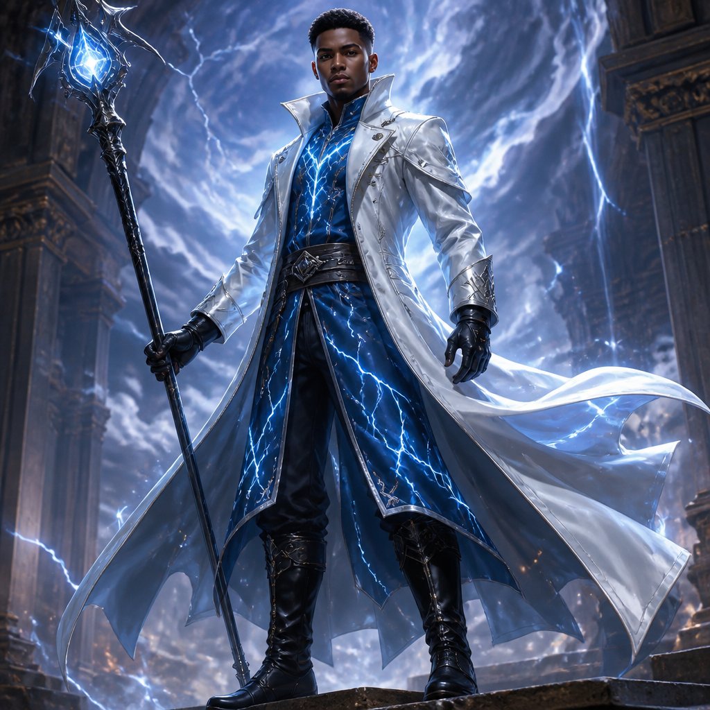 Young colored man with brown eyes and short black hair with white leather trench coat and blue with lightning bolt along it quarter staff style cross black boots and gloves