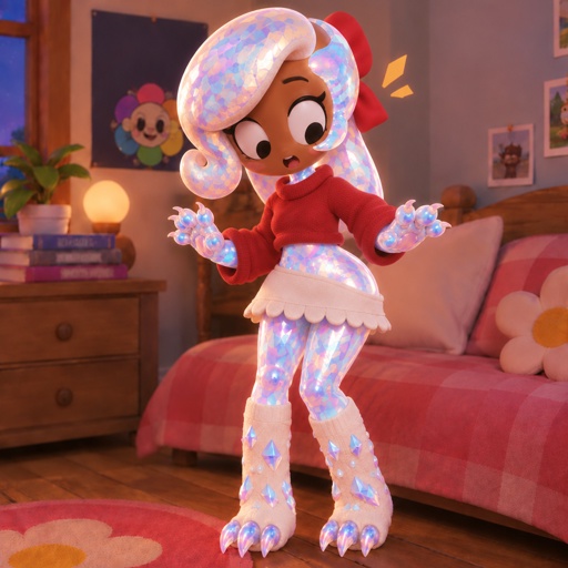 a girl in a red top and white skirt standing in a room