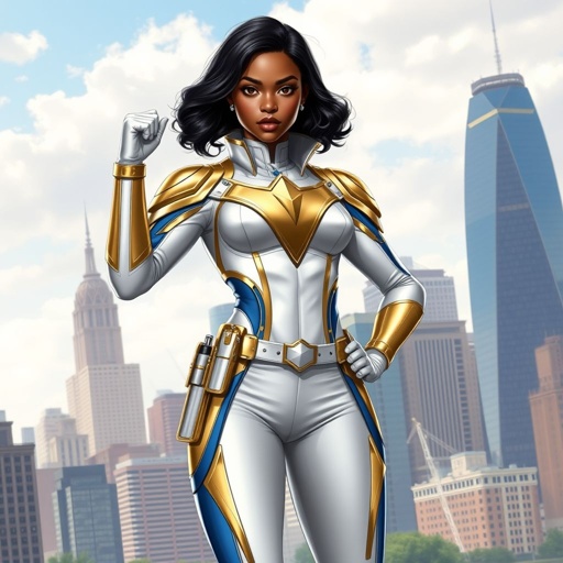 A teenage African American female superhero with slightly curly hair in a shoulder length side part style wearing a slightly medieval white and Gold suit with blue accents and a stylized V as her chest emblem a utility belt and gold boots standing in Philadelphia