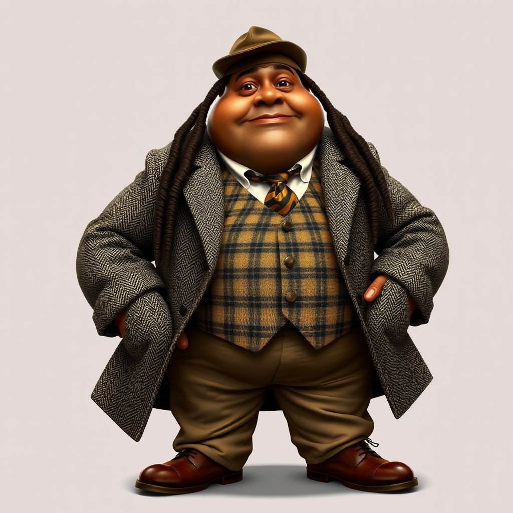 Create a funny serious fat character similar to Sherlock Holmes, but make him of black decent and with dread locks. Show his whole outfit including his shoes.