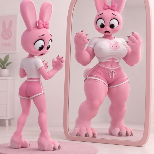Pinki from sprunki standing in front of her mirror as she is in her kind Wererabbit form and she notices that she is getting bigger and stronger with her hands and feet transforming into Wererabbit paws claws and all with her body and her boobs getting larger with her clothes stretching to accommodate her changing body and she realises that she’s getting bigger and stronger for Jevin from Sprunki 