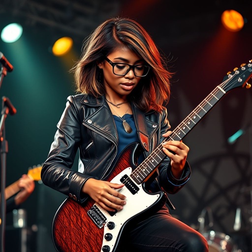 A teenage darker skinned African American woman with glasses shoulder length brown hair with highlights in a side part style wearing black leather jacket with blue accents black jeans a dark blue shirt on a stage playing a Flying V electric guitar with a band