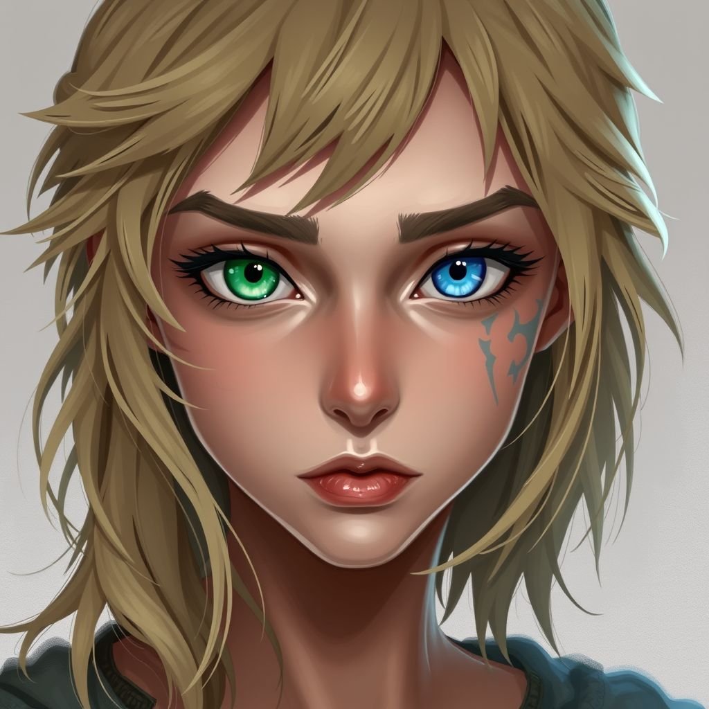 Heterochromia blond scar on right cheek passive