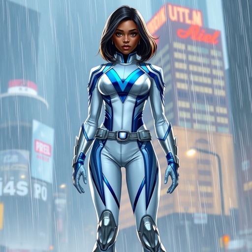 A teenage African American female superhero with hair in a shoulder length side part style wearing a white and silver suit with blue accents and a stylized V as her chest emblem a utility belt and silver boots standing in Philadelphia during a rain storm 