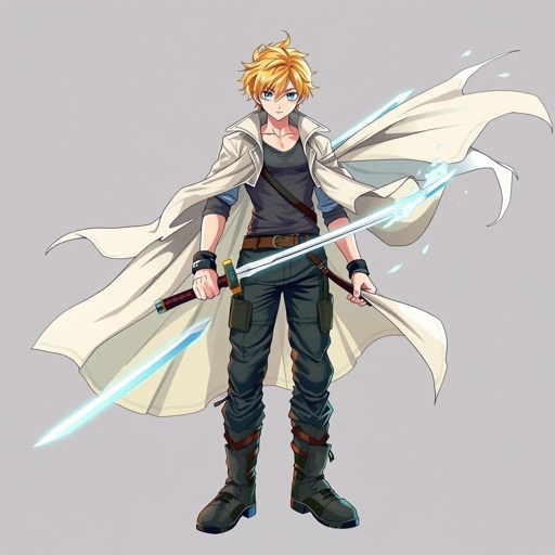 Age 18. Male. Blonde hair, blue eyes, strong, open coat, shirt, pants, combat boots. Wind magic user and sword arts soldier