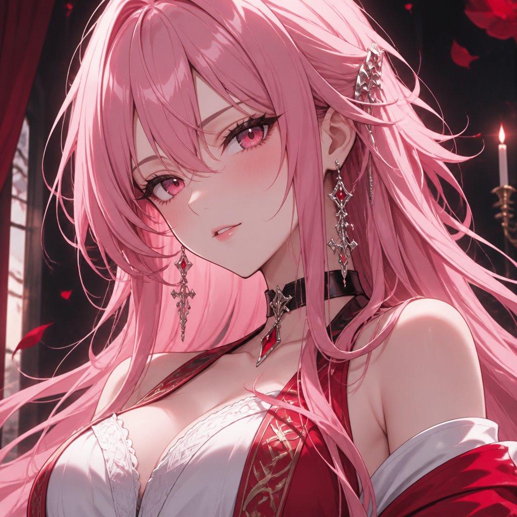 Anime girl choker earrings pink hair red white