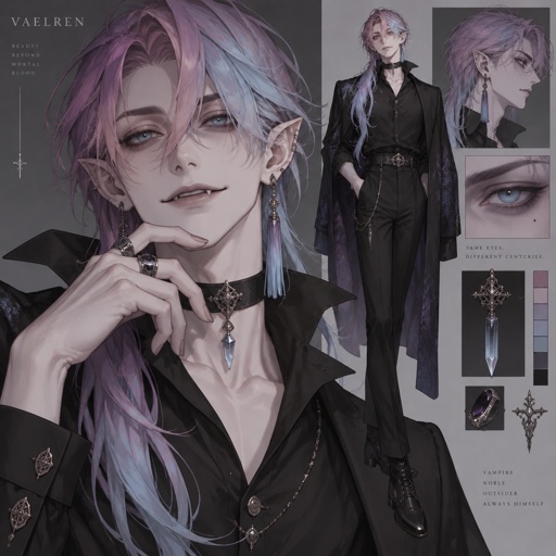 Male, pale, vampire, thin, light blue eyes, cheekbones, medium length brushed smooth hair, all back hair over right shoulder, bangs, pinkish purple and light blue hair gradient, tassel earrings, jewelry, black button up shirt with upturned collar, choker, smirk, eye bags, pointy ears, cartoon style