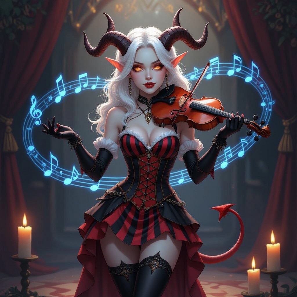 A semi-realistic fantasy portrait of Evangeline Ivey, the Fierna Tiefling Bard of the College of Glamour, captured mid-performance on her candlelit stage.  She stands full-body beneath soft golden light, ivory curtains draped behind her, and glowing blue musical notes spiraling through the air as if alive with her magic. Her porcelain-pale skin (#F3EDEB) gleams in the warm light, contrasting against her long silver-white hair (#D6D6DA) cascading around her shoulders. Her amber-gold eyes (#C88C21) are wide with theatrical expression, her mouth open in mid-song or gasp. Dark brown ridged horns (#4A3A2C) curve elegantly from her brow, and her pale devil’s tail curls behind her, tipped red-and-black like an exclamation mark of performance.  Outfit — “Infernal Mime” Parody Costume: • Black-and-deep-red striped bodice with suspenders and gold buckles • Short flared skirt trimmed with faint gold edge • Matching striped thigh-high stockings and long fingerless gloves • Red silk neck scarf tied neatly at her throat • Black heeled shoes and beret with her horns peeking through  Scene & Lighting: Warm candlelight and soft shadows create a theatrical glow across the stage floor and her form. The air is alive with faint magical motes shaped like music notes, curling around her in shimmering blue light.  Mood & Expression: Expressive, whimsical, and dramatic — a parody of classic mimes infused with bardic flair. Evangeline’s pose is mid-gesture, both hands raised as if she’s frozen between song and spell, her eyes alight with mischievous emotion and glamourous command.