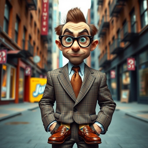 Create a funny looking serious man in the world, with a not so stylish outfit head to toe