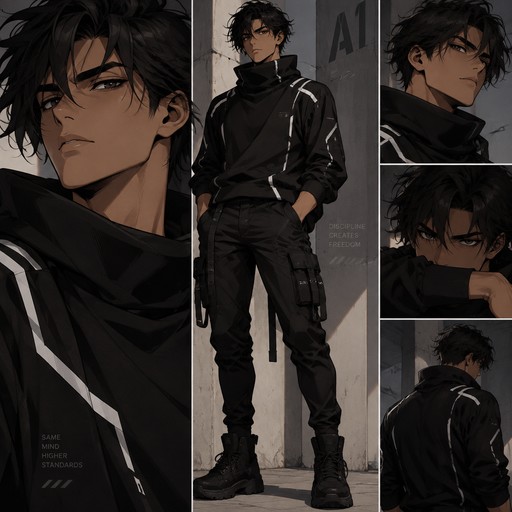Schwarze Haare, Schwarze Augenbrauen, hellbraune Hautfarbe. Haare ganz locker, wie rin Kämpfer. Schwarz gekleidet. Die Hose soll eine schwarze skinny Cargohose sein. Der Oberteil soll ein Pullover sein, mot taktische weißen Linien. Der Kragen vom Pullover am Hals ist etwas breit.