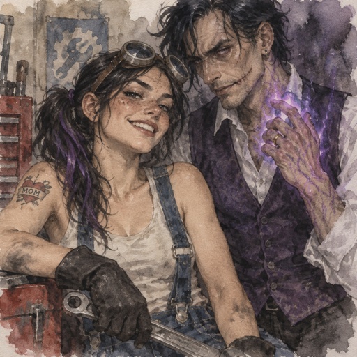 Female, freckles, 18, side ponytail black hair with purple strips, mechanic goggles, white shirt no sleeves no cleavage showing, Jean suspenders, black work gloves, big smirk, eyebrow piercing, red heart with an arrow going through it with the word mom on the heart tattoo on right shoulder, Male, slim, black messy hair, back hair, brushed side hair, scar on upper and lower lip, ear piercing ring, mid 40s, glowing purple hands, purple glowing veins, bad guy, purple vest, white shirt, wedding ring, clean shaven