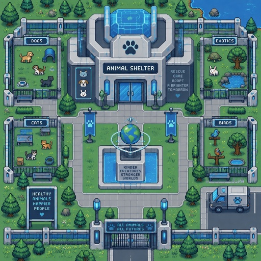 Animal shelter, for a futuristic fantasy city game, exterior, top down style