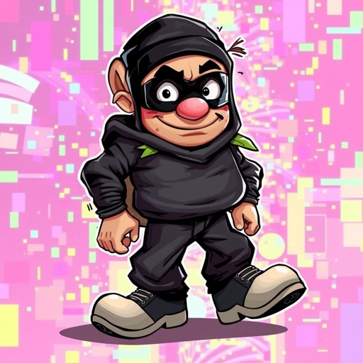 Create a funny looking clumsy sandwhich thief with funny shoes on. Make him have on the bandit black thing around his eyes 