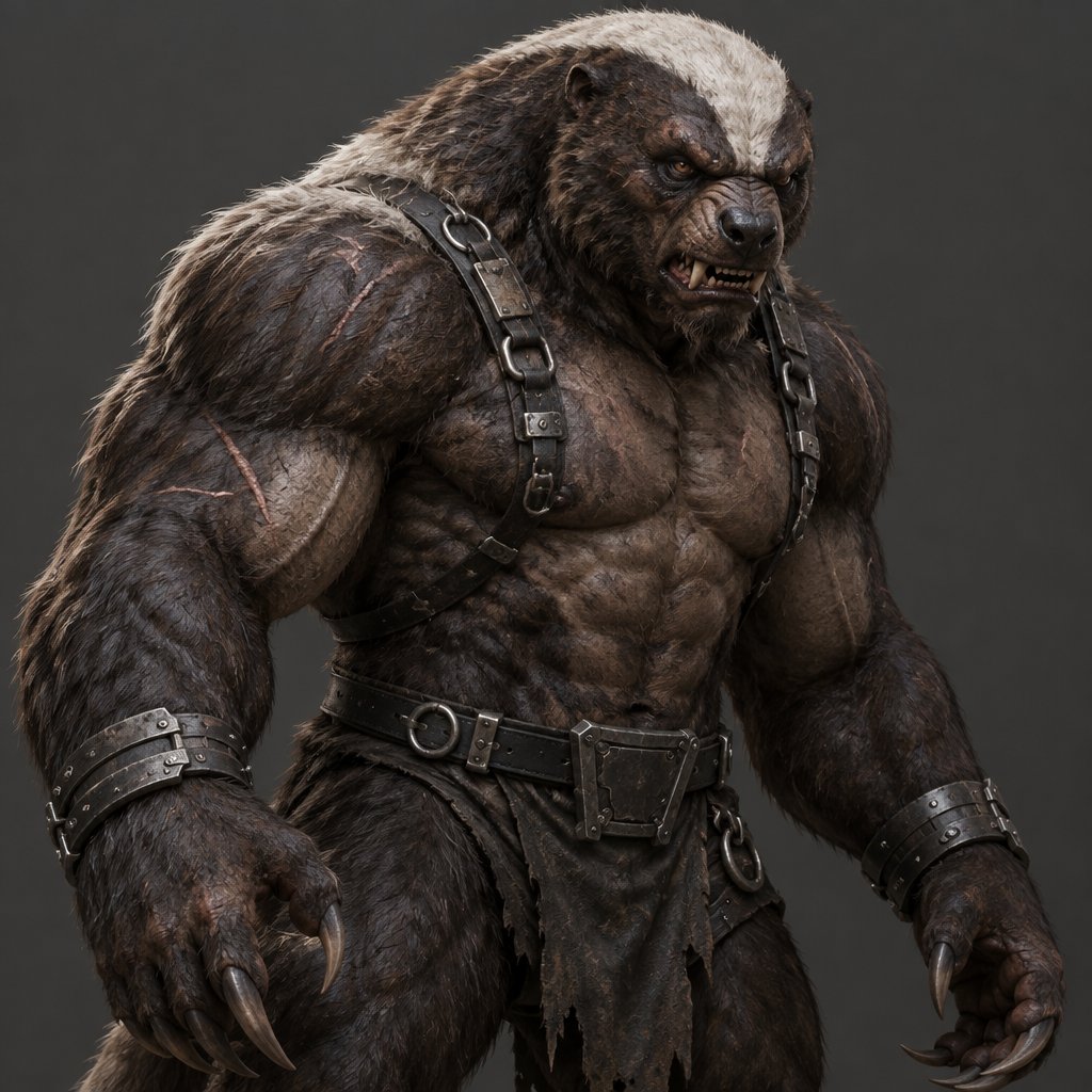 He is a honey badger mixed with a grizzly bear and human. Created in lab by the dark huntress. A muscular villain.