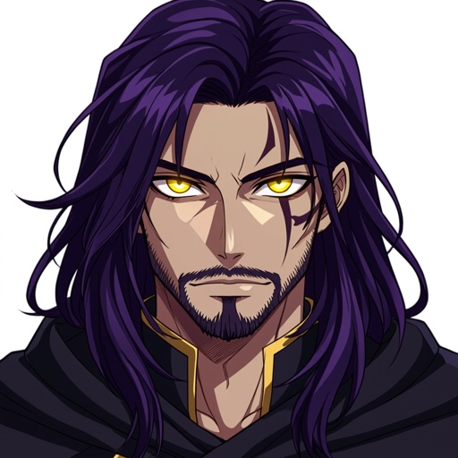A long dark purple haired 20 year old who has a stubble beard with yellow glowing eyes and Egyptian art on his face big strong guy with a dark cloak over himself 
