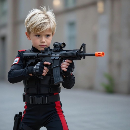 Blonde short hair boy with training outfit on and a hand weapon