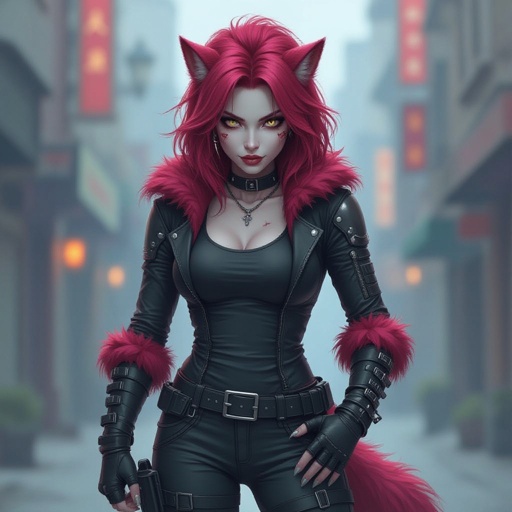 Full body standing, human Pale skin, grey eyes, sharp canines and molars, dark red fluffy hair, small scars over body. Wears skin tight long sleeves and baggy pants, metal boots and black leather fingerless gloves.