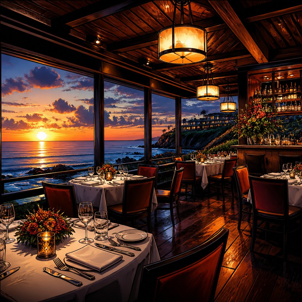 An upscale high-end restaurant overlooking the ocean it is evening no people no speech bubbles intense colours no print dots highly realistic
