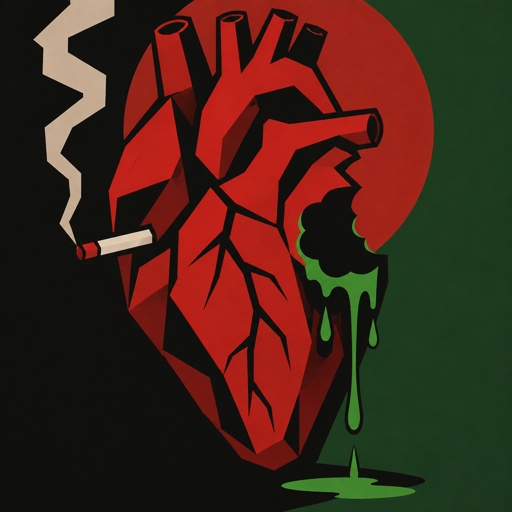 Human heart with bite out smoking and poison dripping 