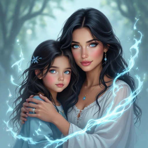 Older Mother and almost teenage daughter with black hair and bleu eyes with hidden kinetic powers