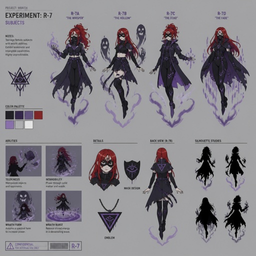 Female villain with wraith powers, teenager, red hair, floating, mask, cool costume, experiment, multiple of the same character 
