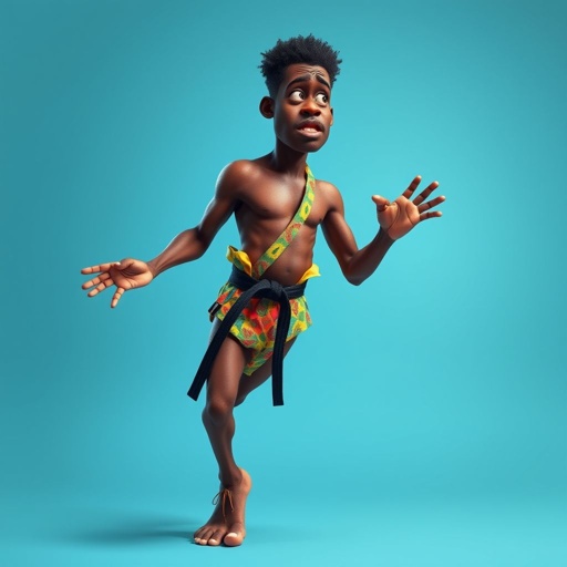 Create a character who looks like a funny African karate guy who doesn’t have a clue what he is doing. Make him have weird toes, only speedos on and a black karate belt.