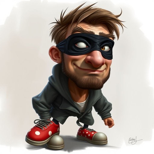 Create a funny looking clumsy sandwhich thief with funny shoes on. Make him have on the bandit black thing around his eyes 
