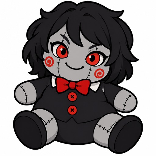 A puppet doll, Red eyes, chubby body figure, dark hair, grey skin