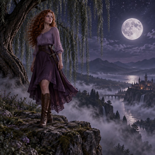 Young woman, long curly ginger hair, purple eyes, light purple top, dark purple skirt reaching to the knees where the back is longer than the front, brown boots, sword on her waist, standing on a cliff, night, full moon, stars, weeping willow