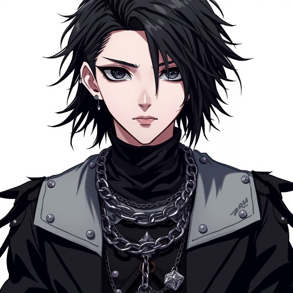 Create a teenage goth boy who has black hair, black eyes, pale skin and his attire is black.