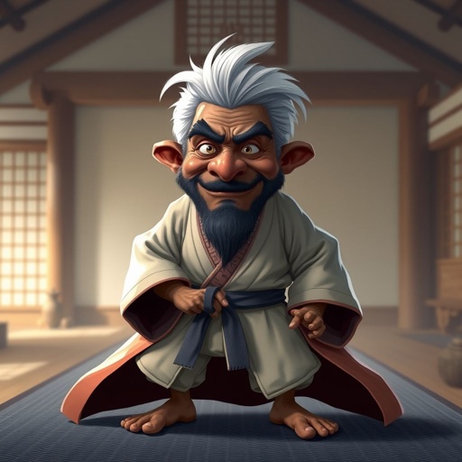 Create a funny looking African sensei. Show the whole character from head, body , legs , feet and make him serious. 