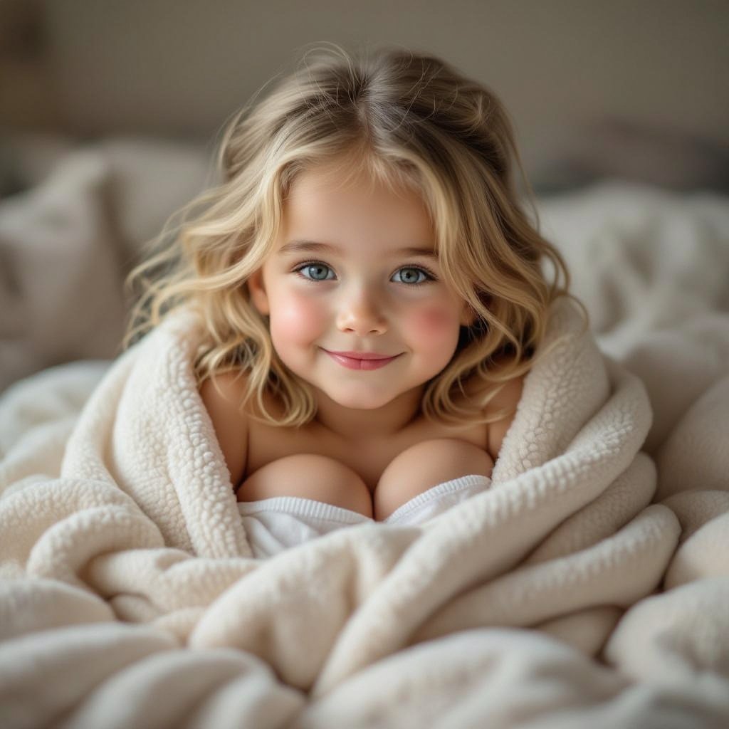 A blonde girl with big boobs in a blanket blushing 