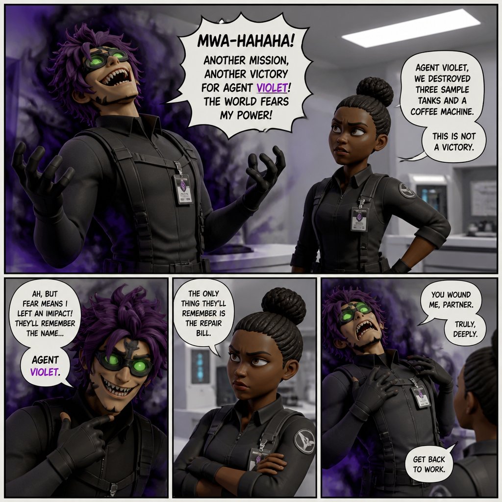 Anime style, Agent Ward male, made in secret lab to be best weapon,highly skilled,kept in check, emergency backup case gets out of control, hair violet messy bun, clean shaven,night vision eyes, sharp teeth, dark power from experiment, tired, tall,dangerous, intimidating, laugh like a maniac, cares about partner she's dark skin serious plays by rules,firm,only person who can control ward,ruby arguing "stop being intimidating you're really terrifying the suspect!" Ward says "job goes faster" laughs, ruby warn ward " if you can't be seriously I'll have to have you go in your room" ward sad expression says"i don't want that" ruby "ok let's do this I have somewhere to be " as a comic
