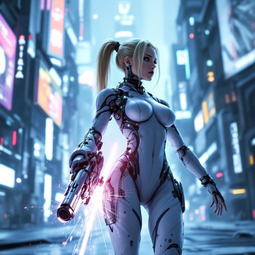 Full Body Mass Effect Babe wielding an Omni tool synthweave and Organza indigo amd white tight spy catsuit blonde ponytail