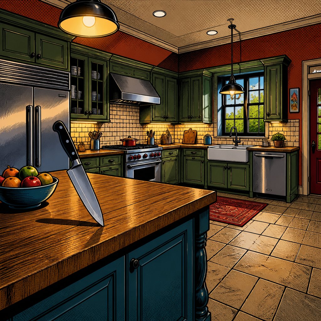 Vivid colours no speech bubble no people the knife only Three-quarter rearview of a large kitchen, knife, pointing downward