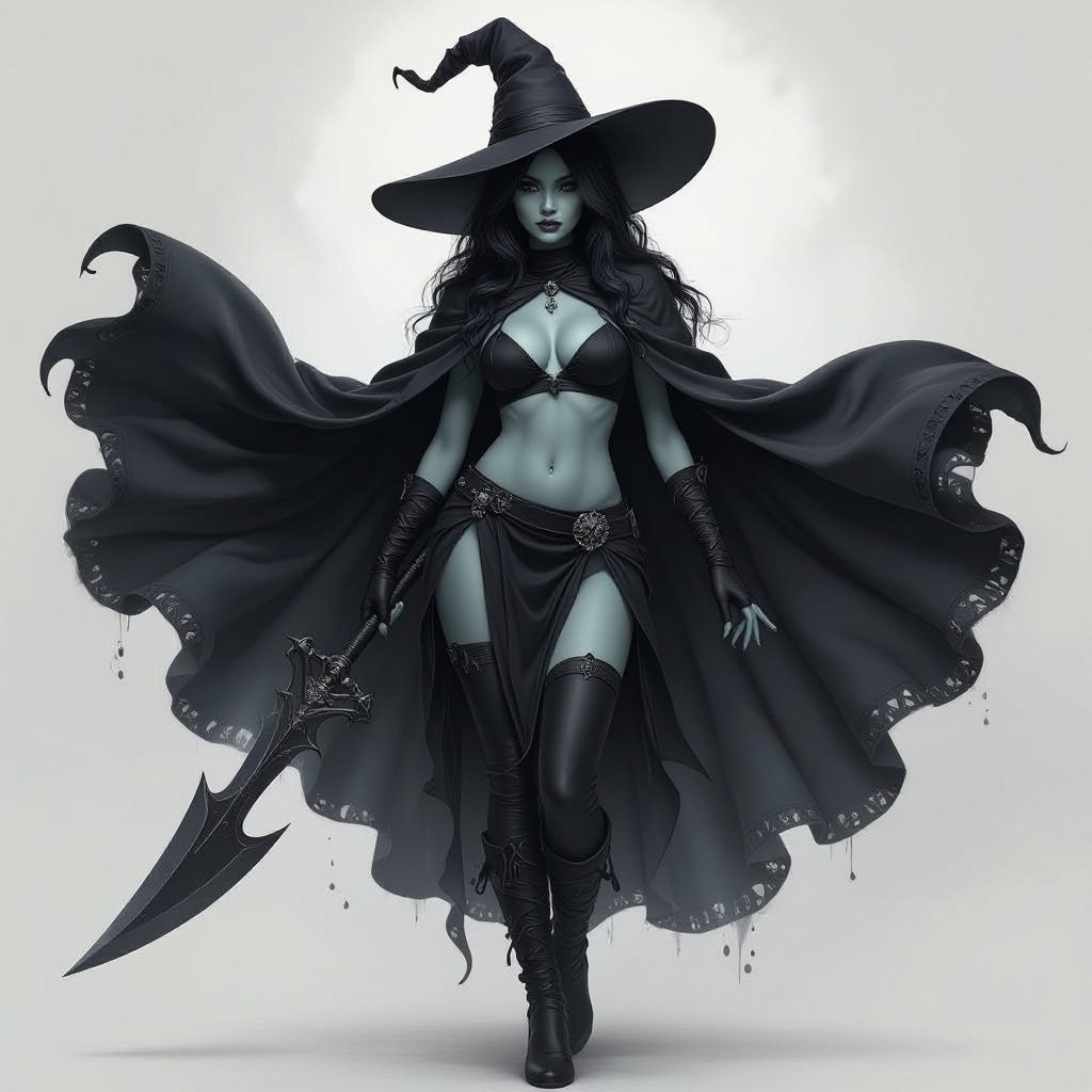 sexy shadow demon witch gypsy slate grey skin large black billowing cloak that emits darkness and shadow. Two piece. Witches Hat. Wields Flamberge